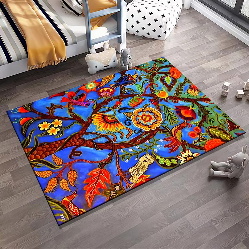 Colorful Tree of Life Pattern Carpet with Birds and Floral Design Suitable for use as an anti-slip for living room bedroom sofas
