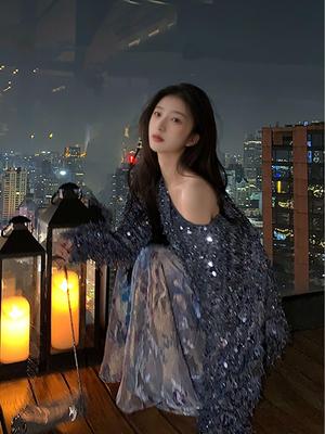 Осенний роскошный свитер с V-образным вырезом и пайетками и юбка миди «рыбий хвост» из золотого бархата N9004