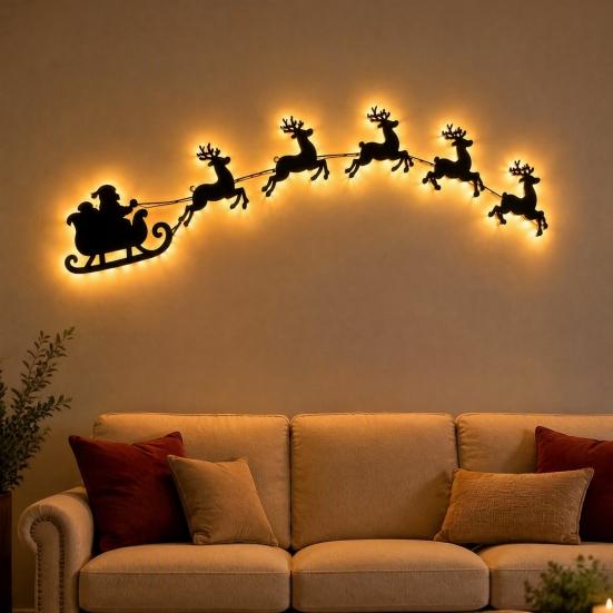Holiday Gift for Family Lighted Santa Sleigh Reindeer Christmas Wall Decor with Remote, 3D Light Up Wood Peel Indoor Decoration And Stick Entryway