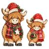 Highland Cattle Lovers Gifts 2Pcs Christmas Cow Figurine, Cute Statue with Santa Hat Wooden Tabletop Decor Scarf, Rustic Wood for Mantel, Window Sill,