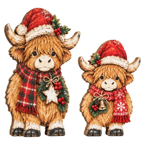 Highland Cattle Lovers Gifts 2Pcs Christmas Cow Figurine, Cute Statue with Santa Hat Wooden Tabletop Decor Scarf, Rustic Wood for Mantel, Window Sill,