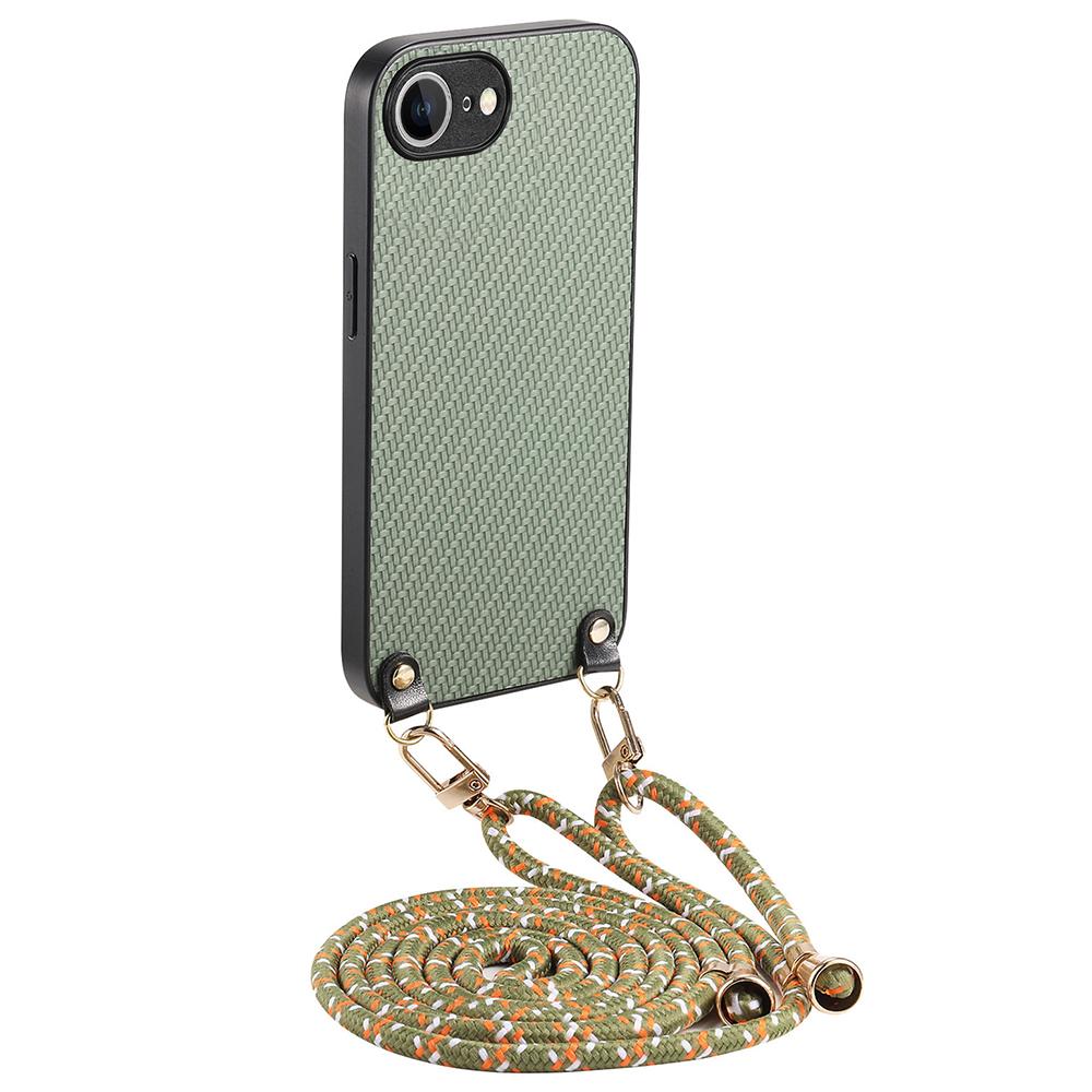 For iPhone 16e Case Carbon Fiber Texture PU+PC+TPU Anti Drop Phone Cover with Crossbody Lanyard