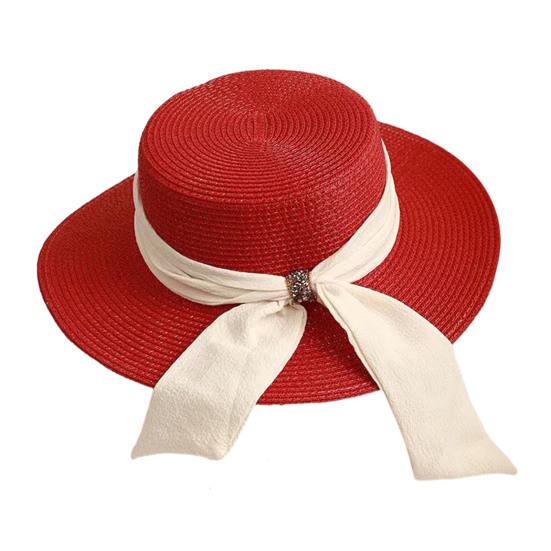 Straw Hat Lightweight Breathable Flat Top Wide Brim Sun Protection Hat Metal Buckle Ribbon Decorated Hat Summer Beach Hat