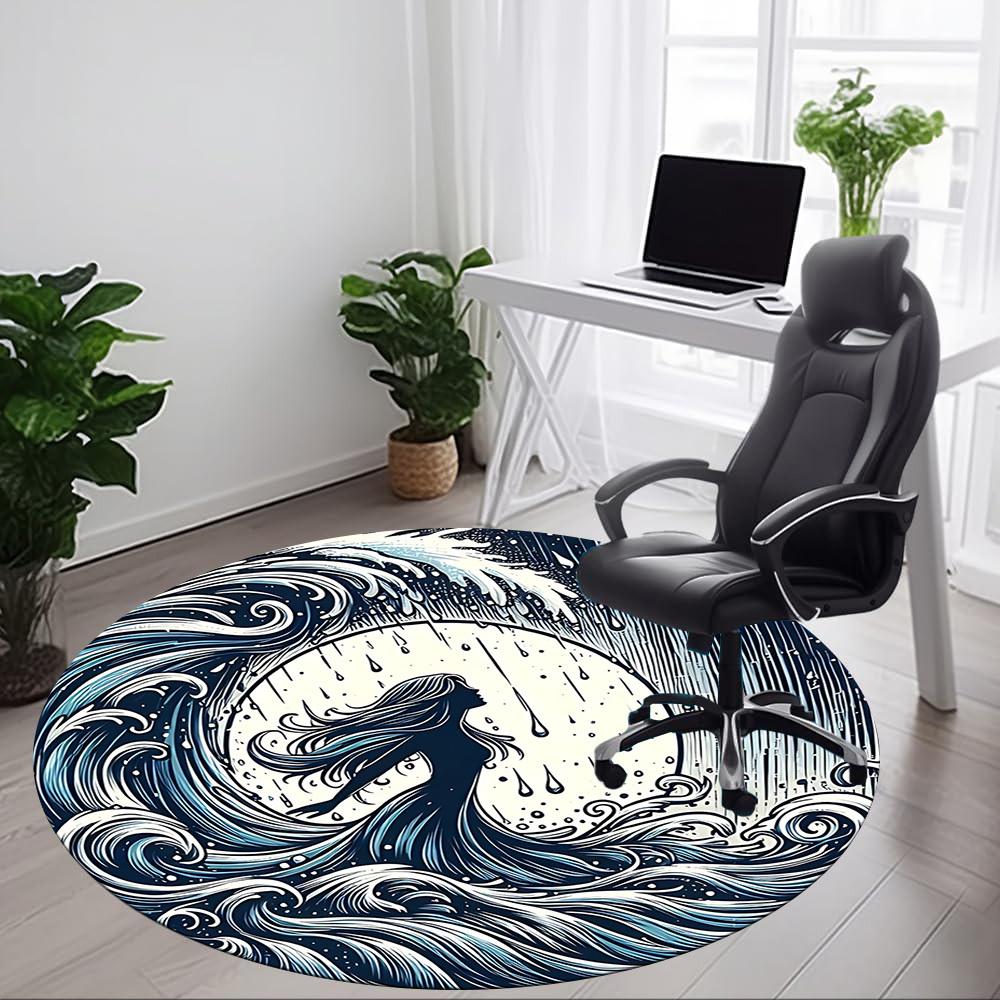 1pc Ocean Waves Office Round Area Rug, Mat Suitable For Office, Under Office Chairs Bedroom Living Room Home Decor, Room Deco