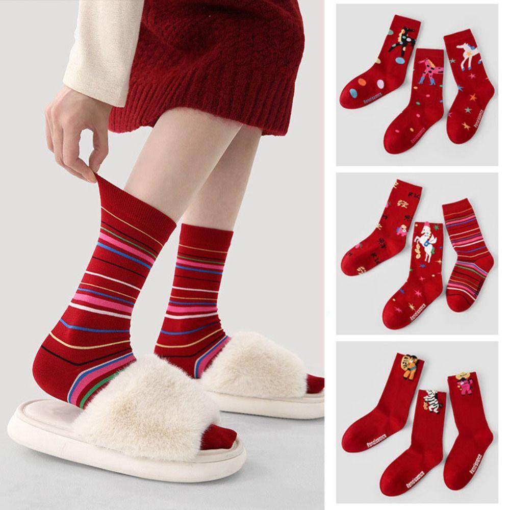 3Pairs Cartoon New Year Tube Socks Mid Calf Zodiac Year Socks Funny Red Cotton Socks Gift