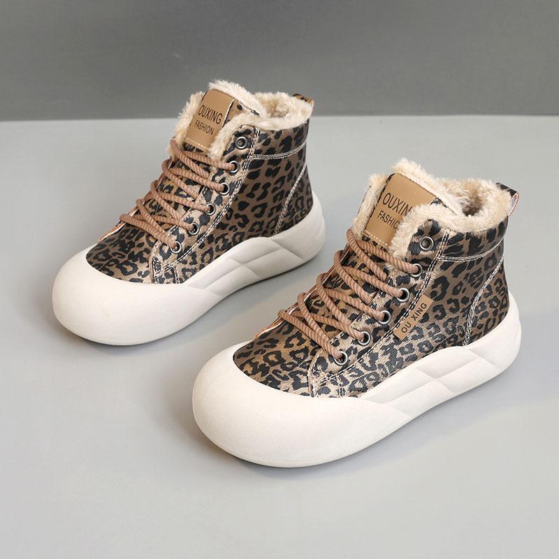 TUINANLE Winter Plush Casual Platform Shoes Woman Sneakers Slip On Shoes Women Flock Leopard Print Chunky Sneakers