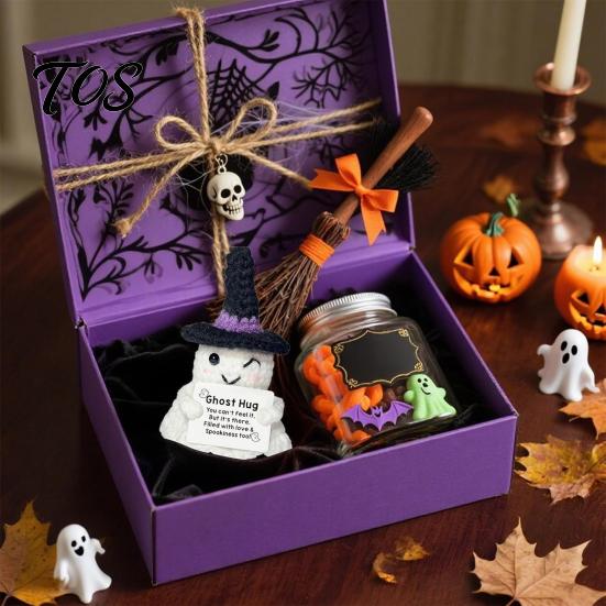Whimsical Witch Hat Pumpkin Doll Hand Knitted Halloween Ghost Ornament, Crochet Plush with Adorable Holiday Party Favor Encouragement Card,