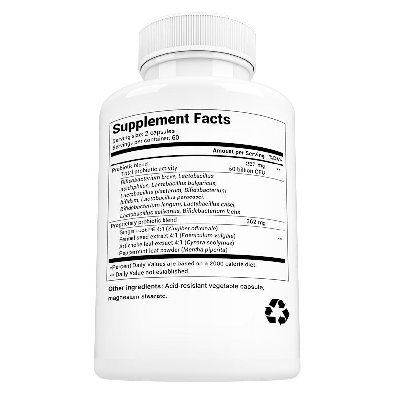 Didacat Probiotic 60 Billion CFU, 10 Live Strains, Prebiotic Ginger Fennel Artichoke, 120 Caps