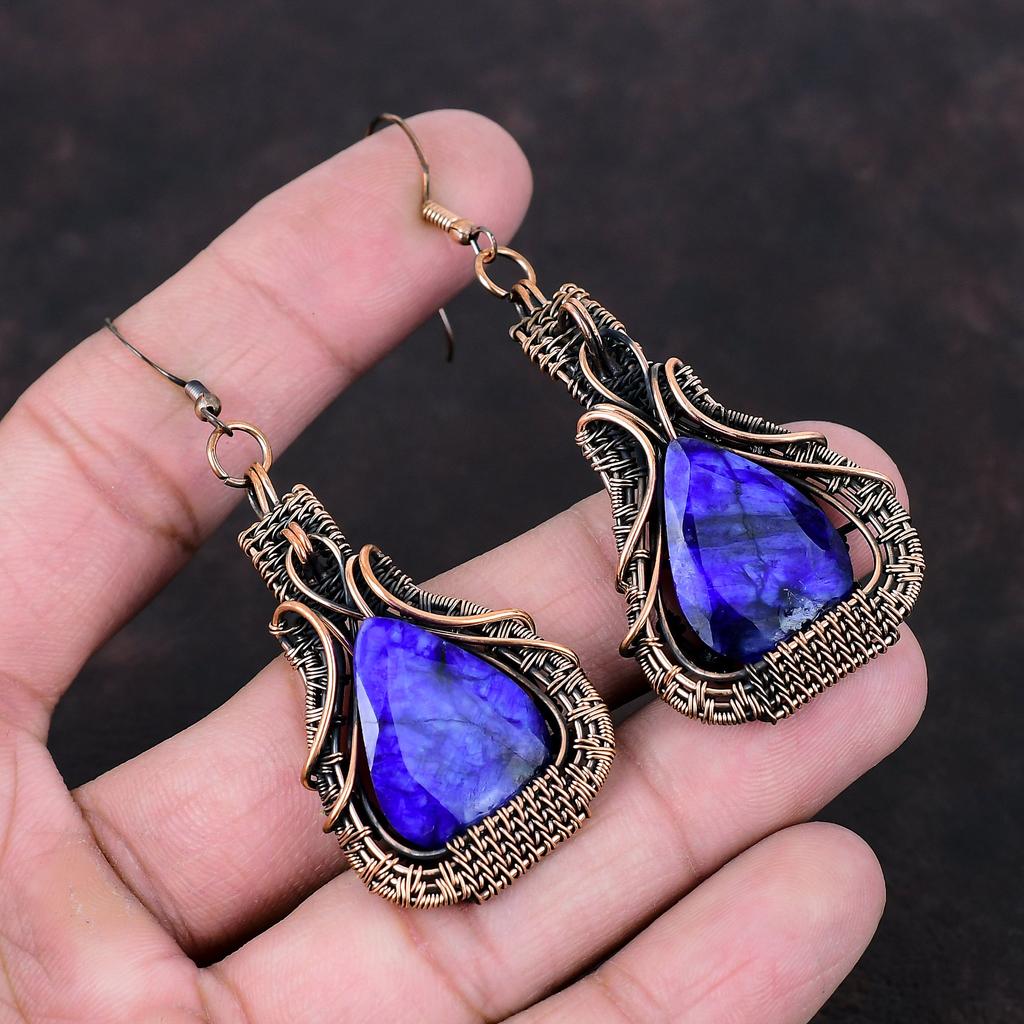 Граненые серьги с синим сапфиром, серьги из медной проволоки, изящные серьги ручной работы, драгоценный камень, медные ювелирные серьги для женщин, подарок на годовщину