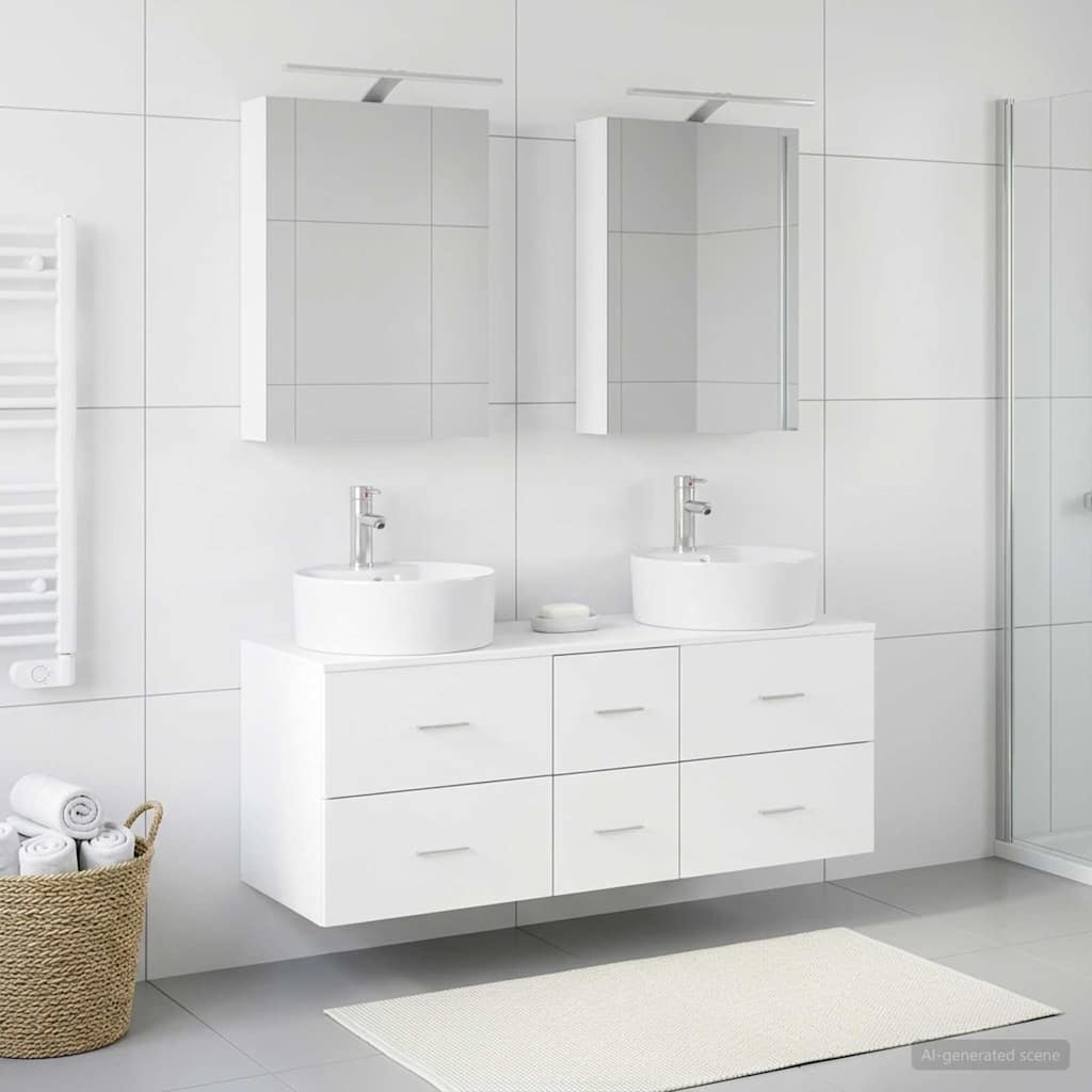 5 Piece Bathroom Furniture Set White Engineered Wood and Glass