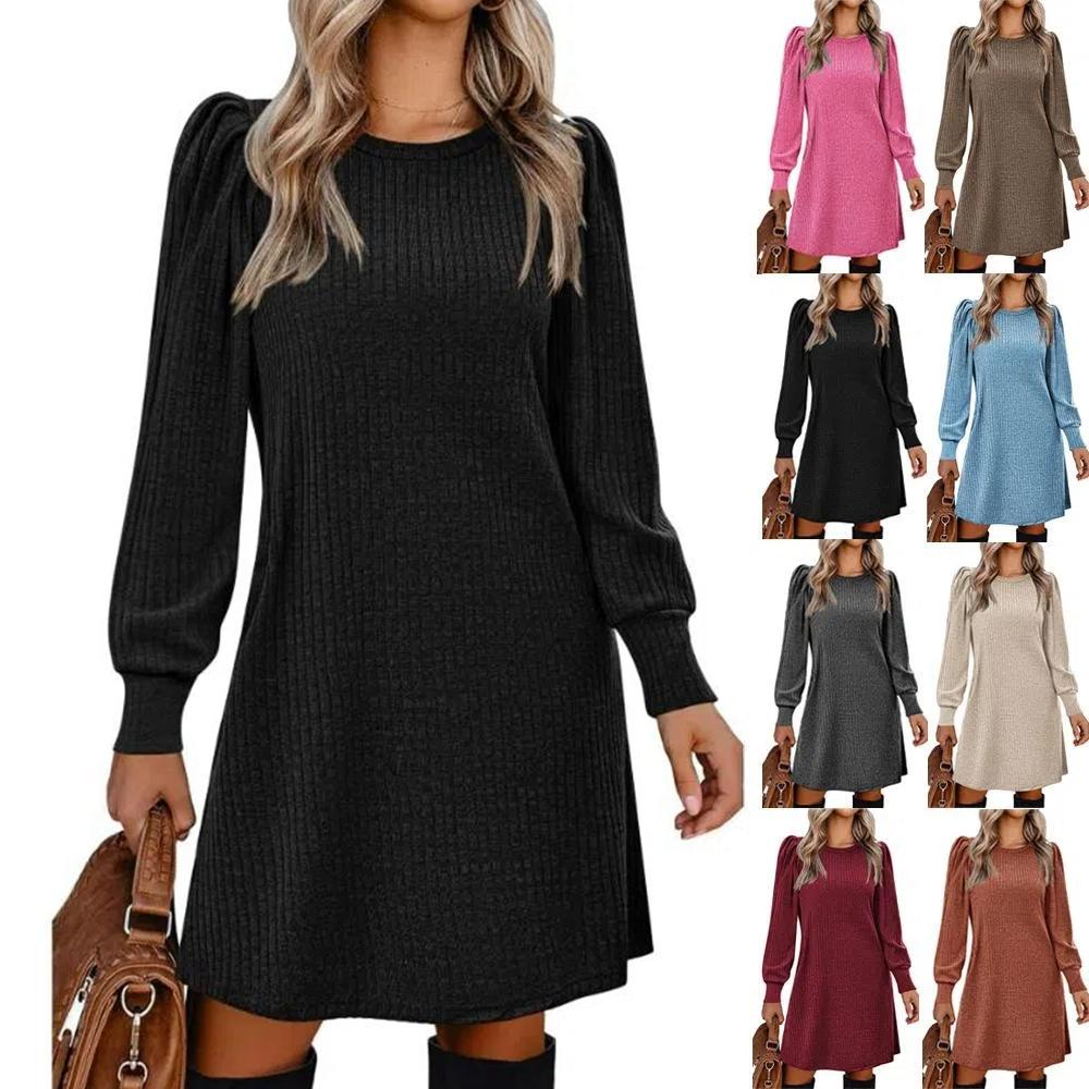 Женское платье с длинным рукавом-фонариком, повседневное трикотажное платье с круглым вырезом длиной до колена