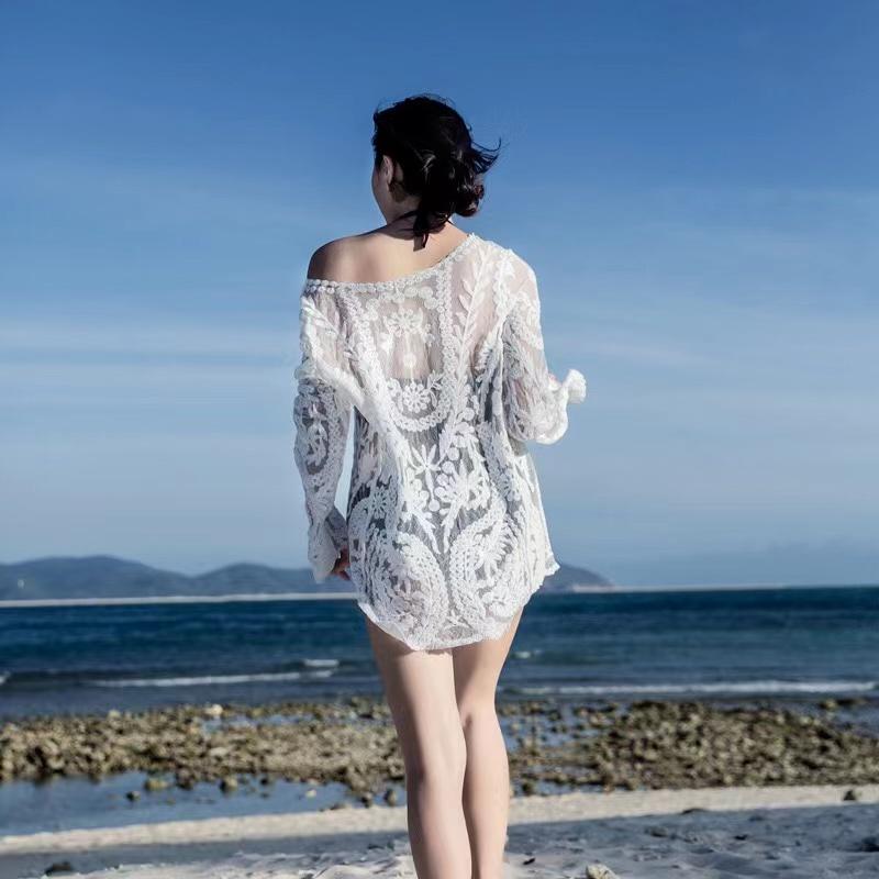 Ethnic Lace Basic Shirt Female Long-sleeve Slim Top Women Retro Slim Summer Shirt Pullover Hollow Out Black Lace Blouse