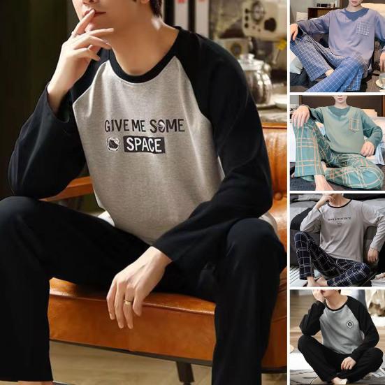 2 шт./компл., мужской пижамный комплект, весенне-осенний комплект с круглым вырезом и длинным рукавом, клетчатый топ с буквенным принтом, длинные брюки с эластичной резинкой на талии, комплект мужской пижамы, домашняя одежда