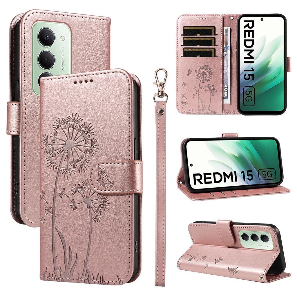 Для Xiaomi Redmi 15 4G (США) (171 мм) Кожаный чехол-кошелек с ремешком, тиснение «Одуванчик», подставка для телефона