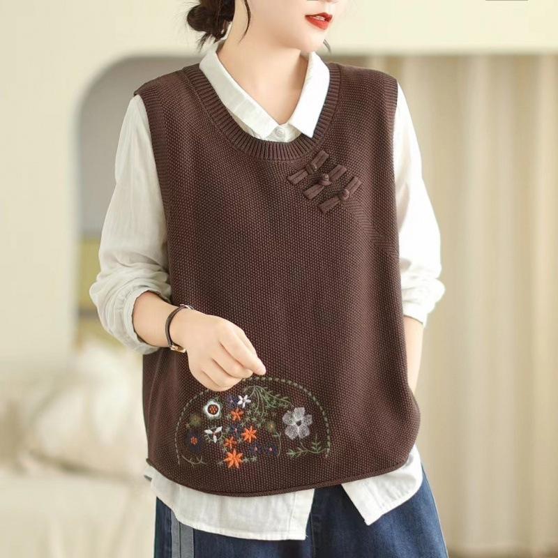 Женский вязаный жилет с культурной застежкой-пуговицей и вышивкой, новинка весны и осени, свитер-жилет с круглым вырезом