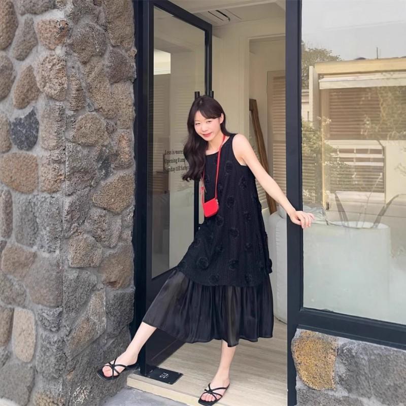 Womens Beach Vacation Dress With 3D Floral Embellishment Loose Fit A-Line Sleeveless Maxi In Pink Black White