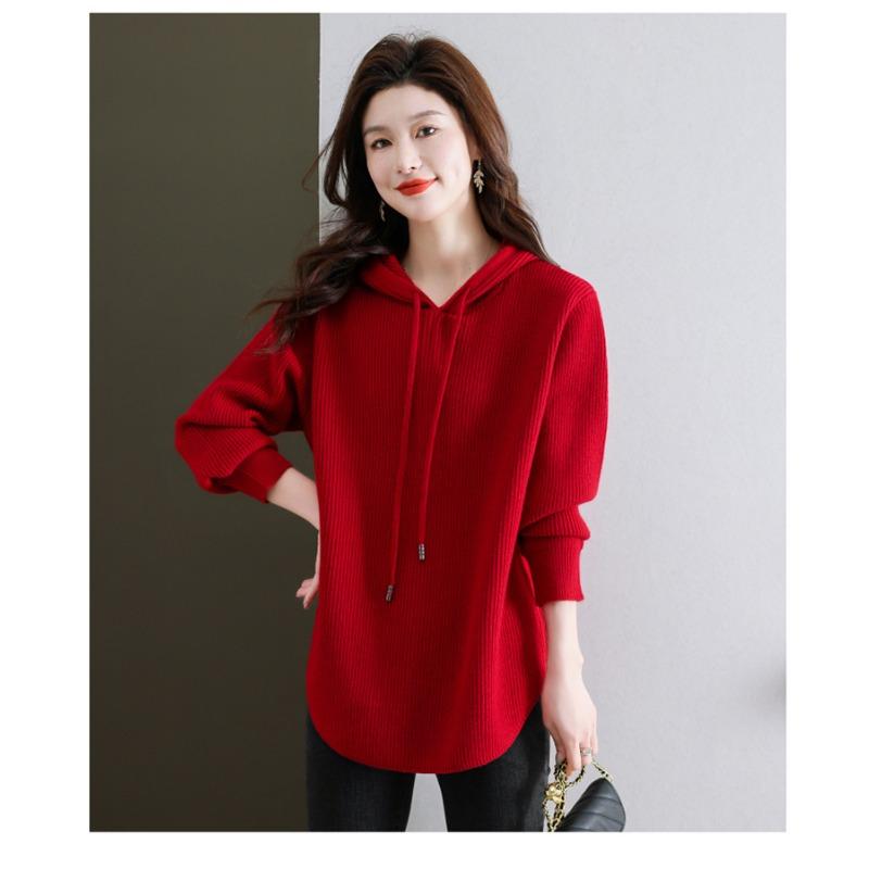 Осень Зима Однотонный Свободный Повседневный Вязаный Худи Женский Винтажный На шнурке Универсальный Свитер