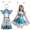Kids Girls Halloween Alien Cosplay Costume Outer Space Cutie Costume Dress with Funny Alien Hair Hoop Accessory