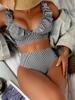 Сексуальный полосатый купальник бикини с оборками для женщин 2025 года, двухсекционный купальник с высокой талией, комплект бикини, женский купальный костюм, пуш-ап, монокини