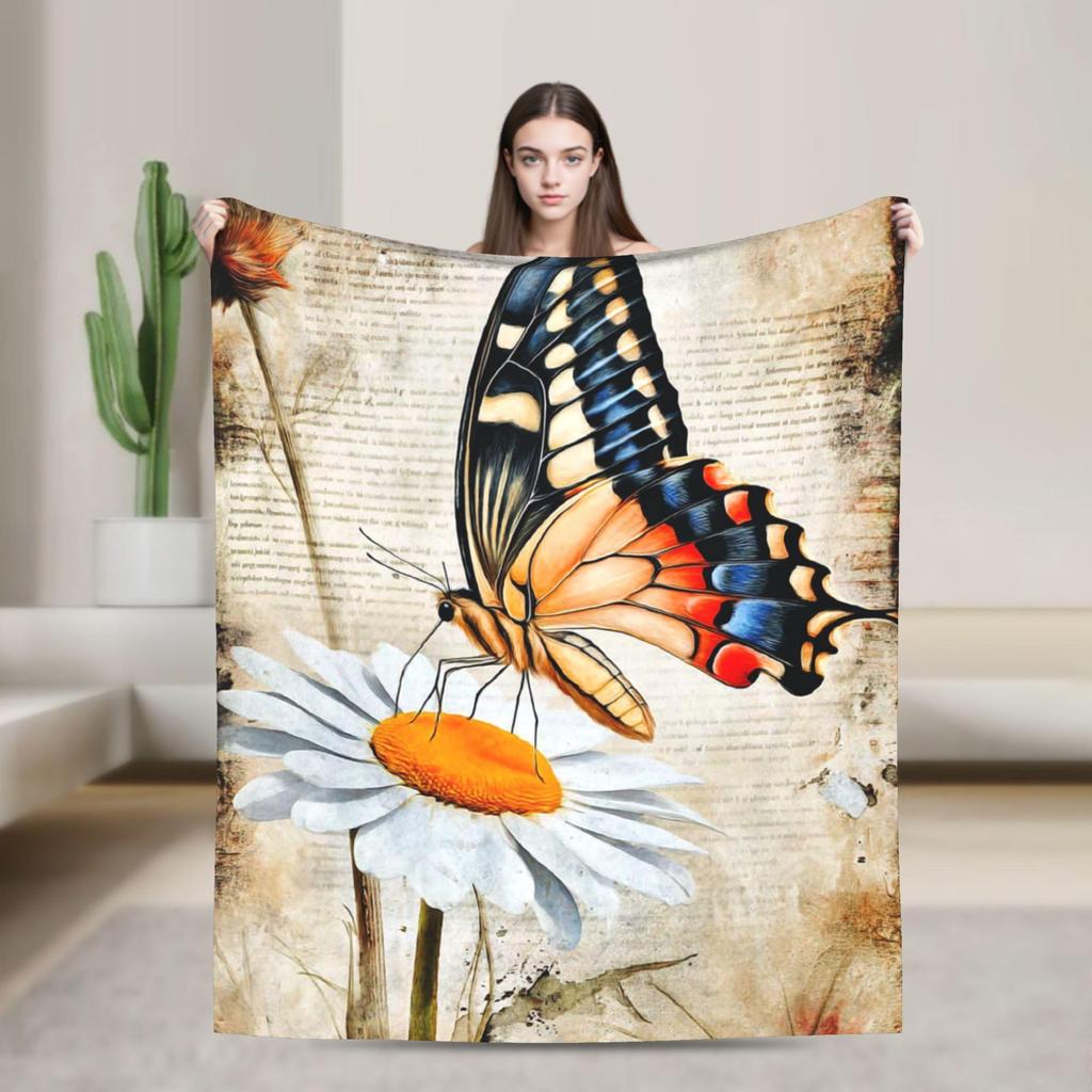 Butterfly and daisy pattern Flannel printed blanket suitable for all seasons suitable for living room office sofa and travel