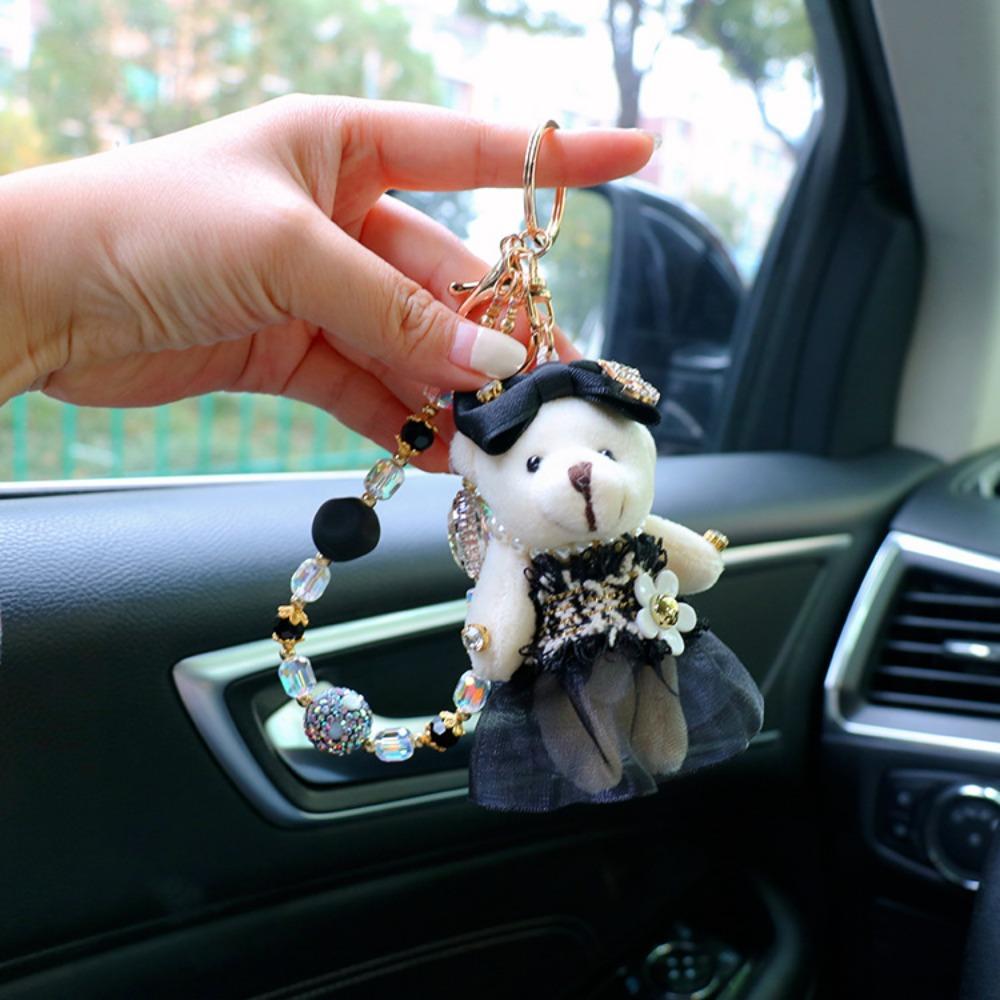 Crystal Bead String Stuffed Doll Pendant Lovely Car Key Ring Little Bear Keychain Female