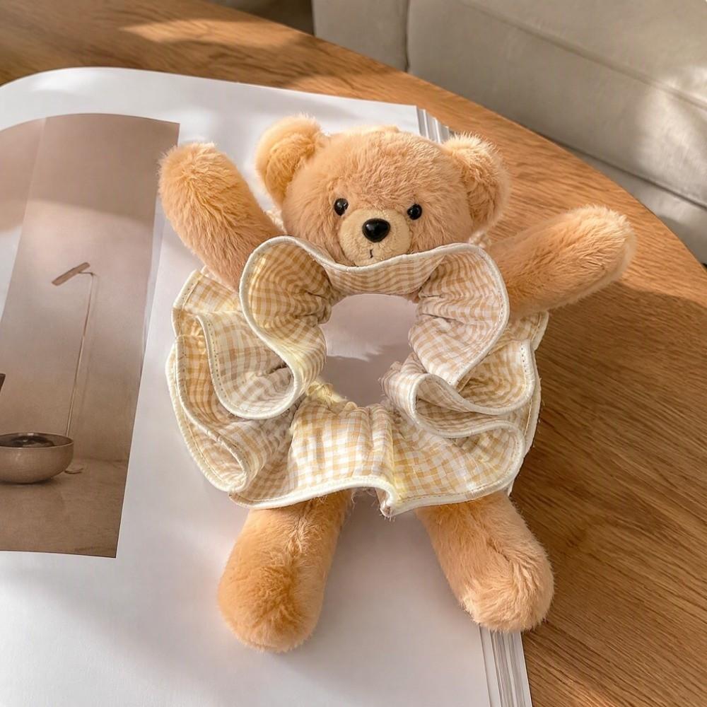 High Elasticity Plush Bear Scrunchies Cute Hair Rope Fashionable Plaid Ponytail Holder Daily