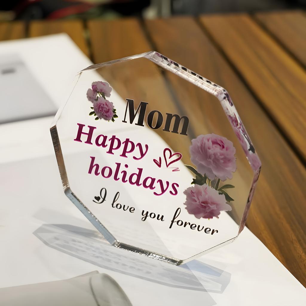 1 Acrylic Block Gift for Mom - Elegant Pink Peonies & Heart Accents, Engraved 'Mom Happy Holidays I Love You Forever' - Modern Decorative Keepsake