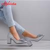 Fashion Aphixta New Appliques 7cm Square Heel Shoes Women Pumps Bling Butterfly-knot Flowers Officile Pointed Toe Super Big Size 49 50