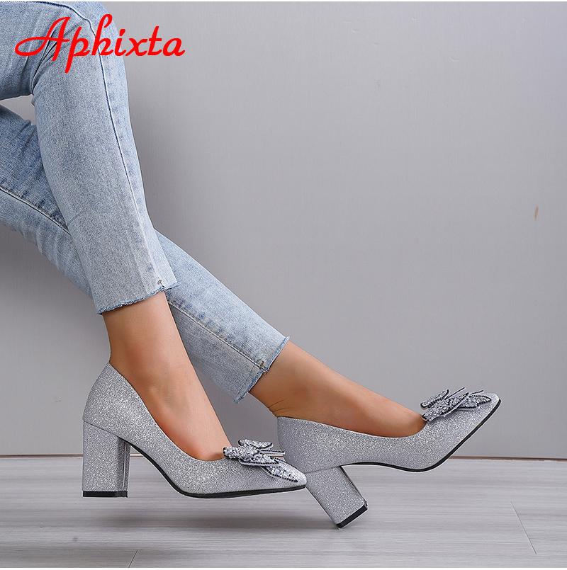 Fashion Aphixta New Appliques 7cm Square Heel Shoes Women Pumps Bling Butterfly-knot Flowers Officile Pointed Toe Super Big Size 49 50