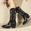 Вышивка Массивные Женские Высокие Сапоги Ретро Острый Носок Средний Каблук Обувь Тренд 2025 Зимняя Мода Классические Туфли Миди Голенище Botas Mujer