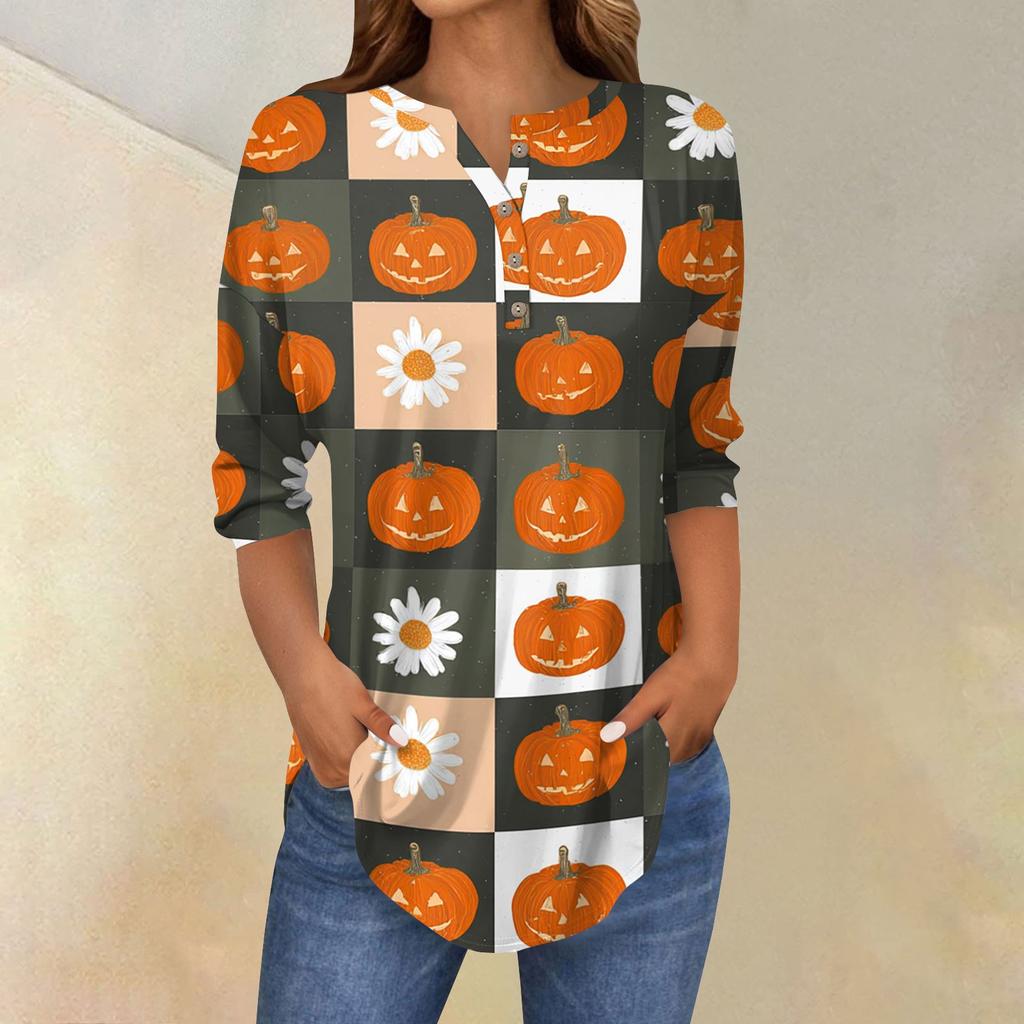 Женская модная свободная футболка с пуговицами на воротнике, с принтом на Хэллоуин, с длинным рукавом, топ, пуловер