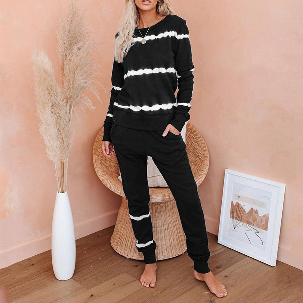 Women's Fashion Long Sleeve Casual Tie-dye Printed Stripe Suit Two-piece Home Pajamas