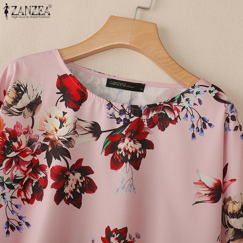 ZANZEA Women Casual Round Neck 3/4 Sleeve Loose Floral Print Blouse