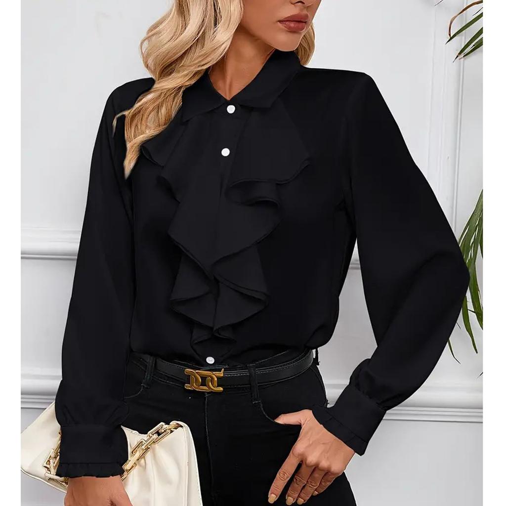 Женская свободная повседневная однотонная рубашка с оборками и длинными рукавами, модная рубашка