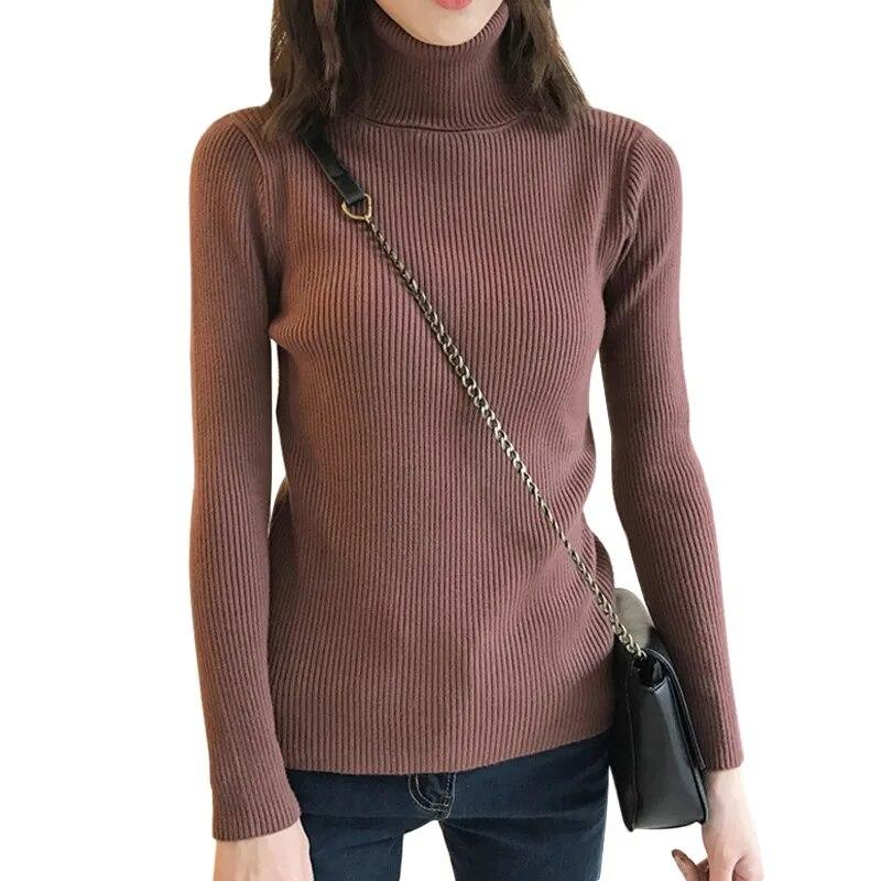 Women's Sweaters Slim Soft Long Sleeve High Neck Knit Pullover Slim Stretch Sweater Tops