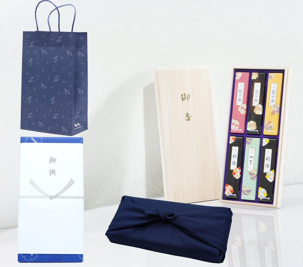 [Carrying Bag & Kyoto Furoshiki (Navy)] [Flower Journey 6-Flavor Incense Assortment] Incense Set, Ultra-Low Smoke, Paulownia Wood Box with Gift