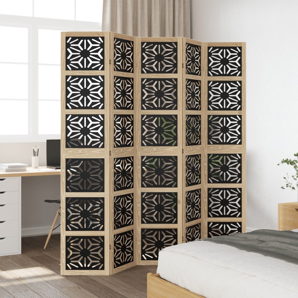 5 Panel Room Divider Brown and Black Solid Paulownia Wood