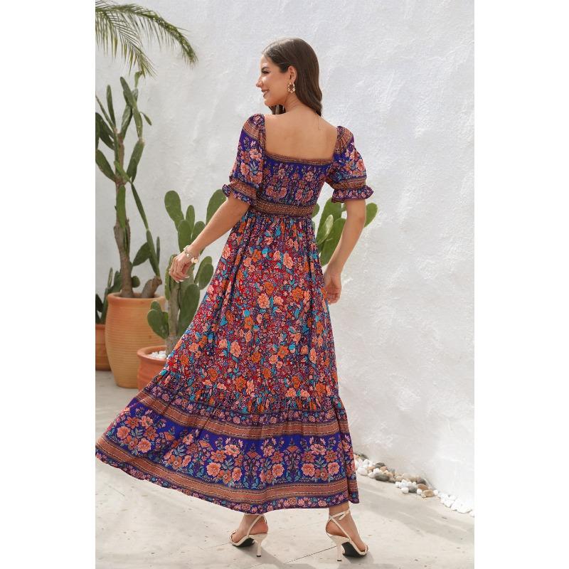 Платья для пляжного отдыха в стиле бохо, платья миди с рукавами-фонариками и одним плечом