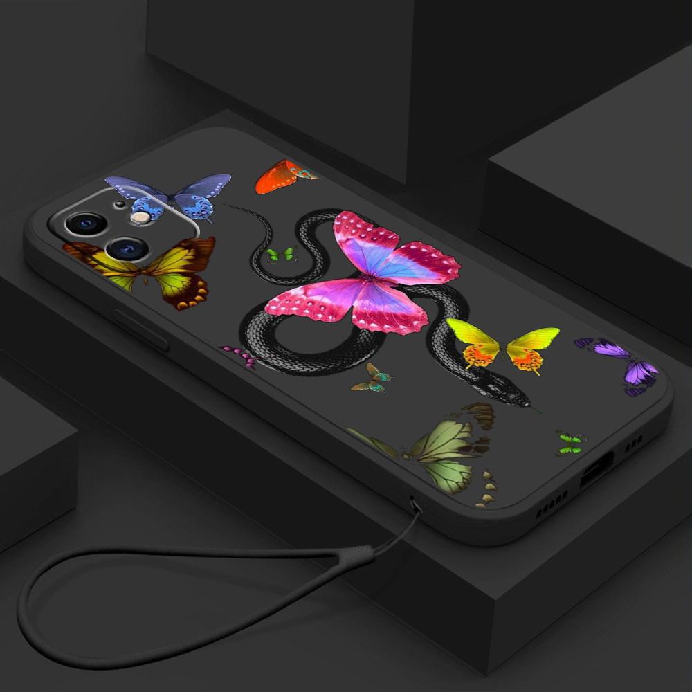 N77 Бабочка Черное Золото Змея с ремешком Силиконовые чехлы для телефонов с прямыми краями для Xiaomi Poco X5 Redmi Note 13 Pro 12C Realme Huawei Противоударный чехол