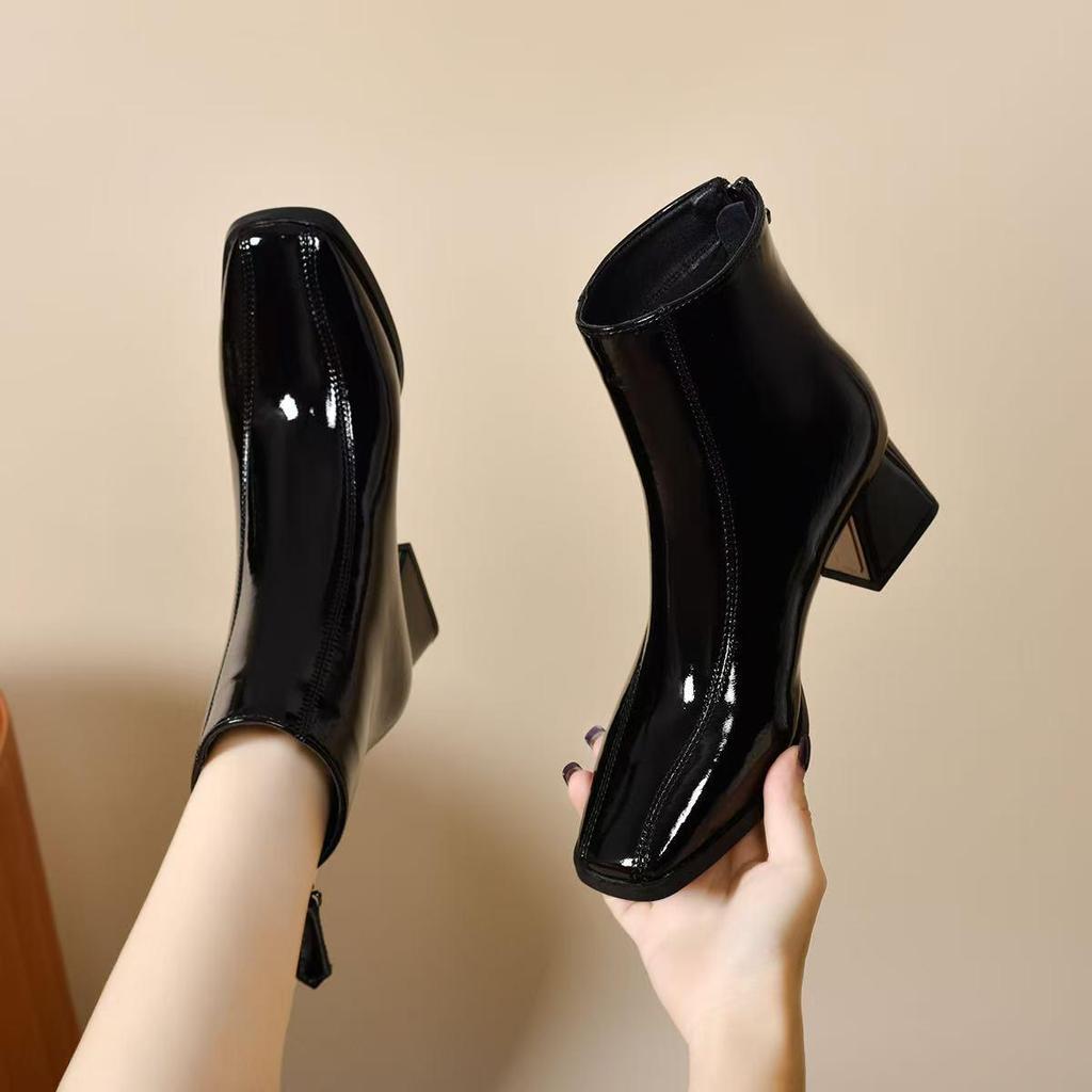 2025 Осень/Зима Натуральная Кожа Квадратный Носок Массивный Каблук Ботинки Челси с Флисовой Подкладкой и Задней Молнией