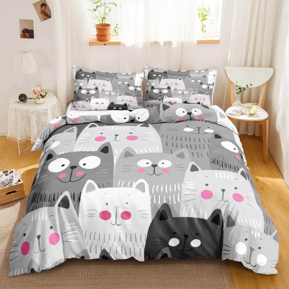 Cat Duvet Cover Set Digital Different Color Cartoon Cute Cat Bedding Set Bedclothes Double Queen King Size Polyester Qulit Cover