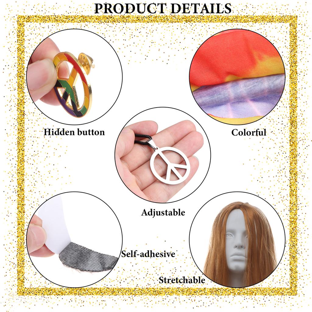 11 шт., аксессуар для костюма хиппи, ожерелье со знаком мира, очки, повязки на голову, парик 60S 70S