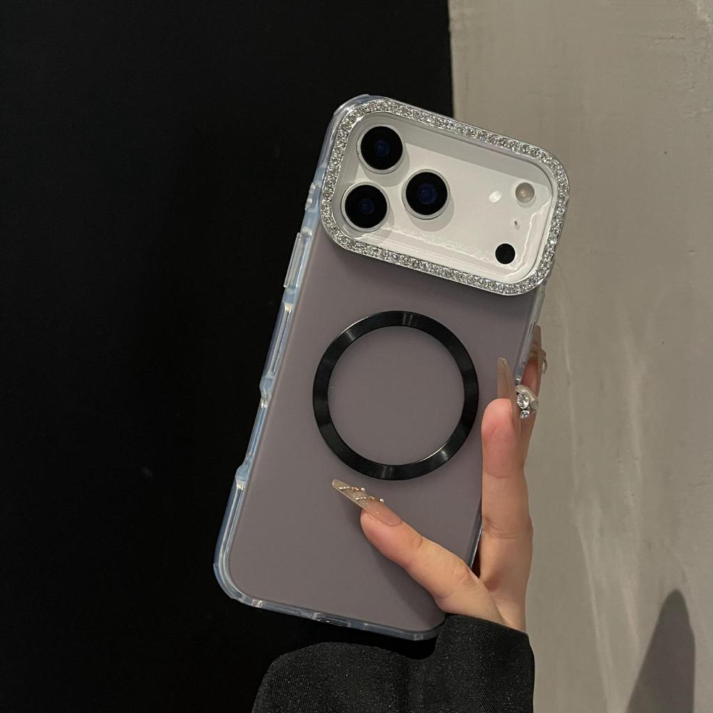 Матовый Магнитный Чехол для iPhone со Скругленными Гранями и Инкрустацией Алмазами для Серии Apple Pro Max