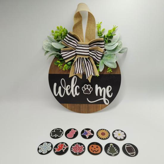 Деревянный приветственный знак, деревенский круглый дверной знак со сменными аксессуарами, венок, приветствие