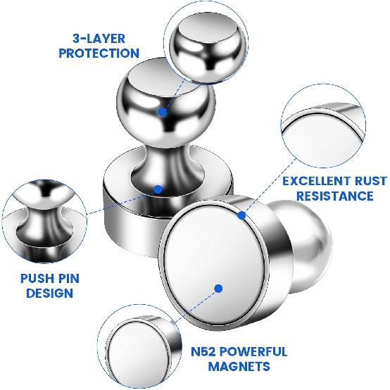 4Pack Fridge Magnet, Push Pin Magnets, Strong Rare Earth Magnets for Whiteboard Refrigerator, Small Neodymium Magnets for Kitchen Home