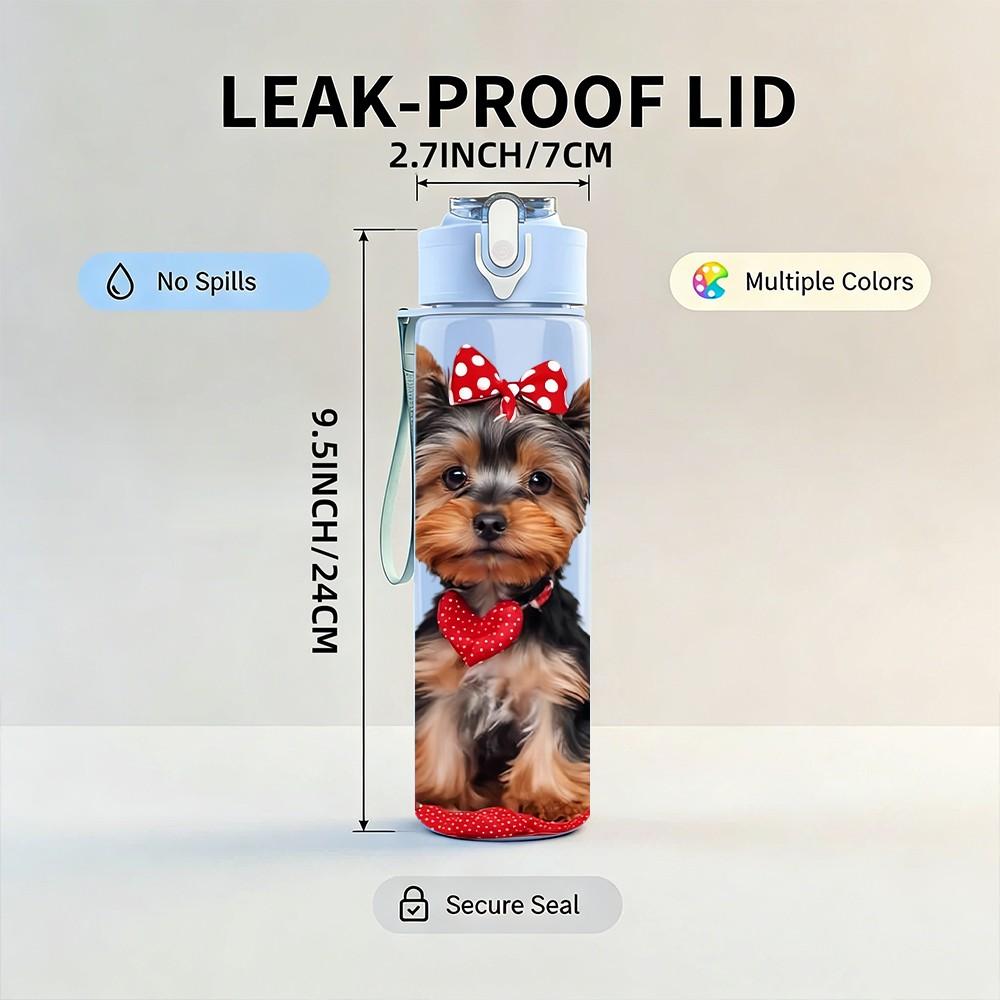 1PC Yorkie Puppy With Bright Red Ribbon 750ml Color Plastic Sports Water Bottle Leakproof Flip Straw Lid Suitable for Sports Office Home Use