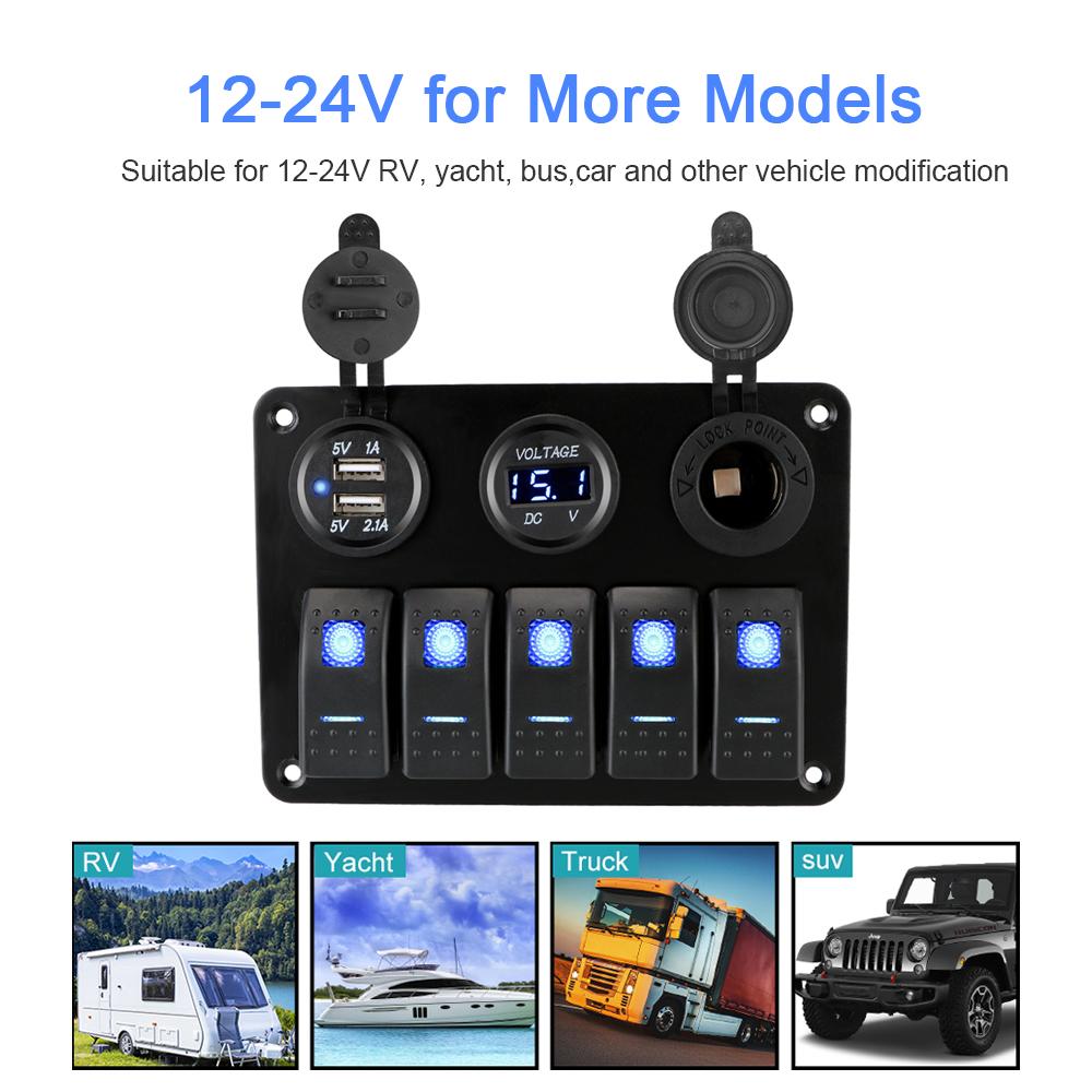 With Fuse USB Chargers Socket 12V 24V Car Light Toggle 5 Buttons LED Rocker Switch Panel Boat Digital Voltage Test Accessories