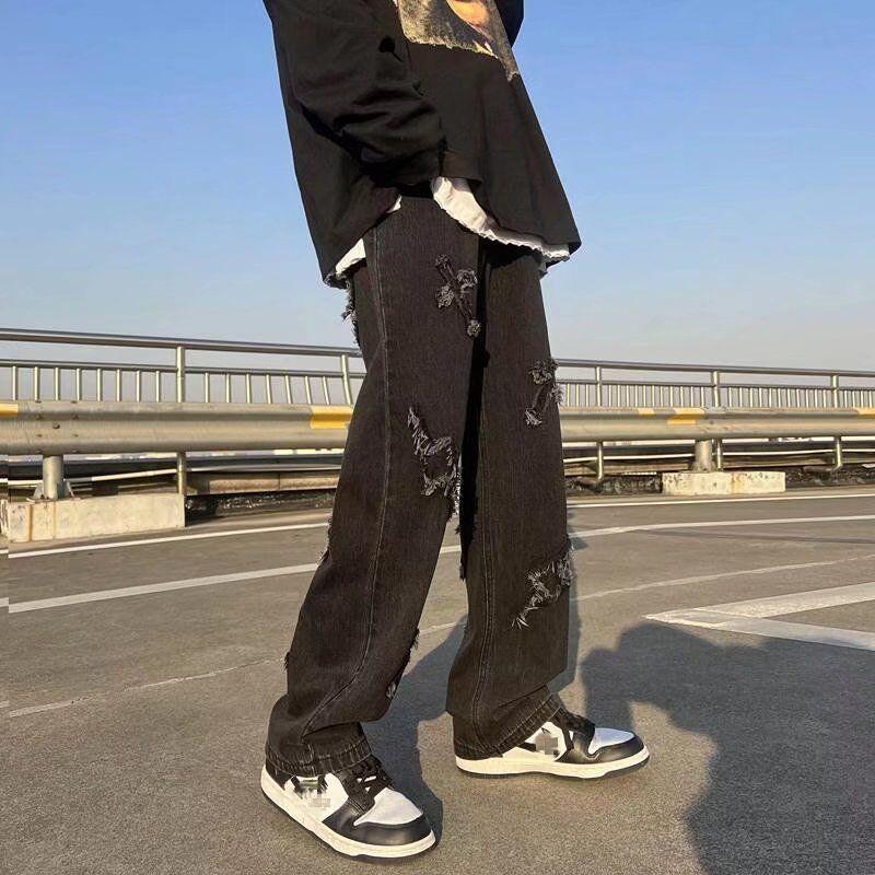 2023 New Trend Hip-hop Street Y2K Men's Pants High Street Loose Straight Casual Pants Fashion Men's Cross-patch Jeans Male S-3XL