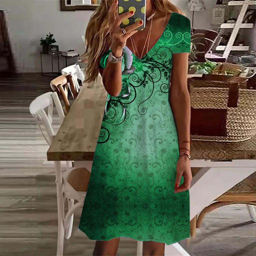 Summer Fashion Women's V Neck Short Sleeve Blue Rose Printed Dress Sex Dress