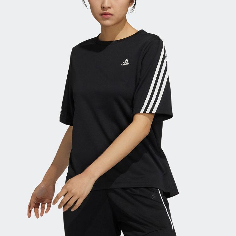 adidas Футболка с коротким рукавом 24/7 с принтом логотипа и полосатой отделкой, удобная ребристая футболка с круглым вырезом, женские топы черного цвета H29488